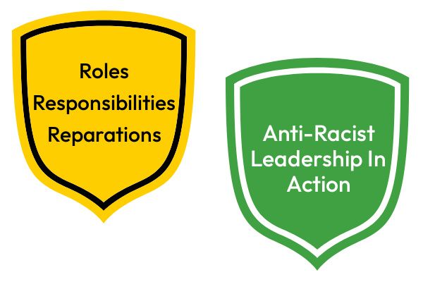 A yellow shield with: Roles, Responsibilities and Reparations. A green shield with: Anti-racist Leadership In Action.