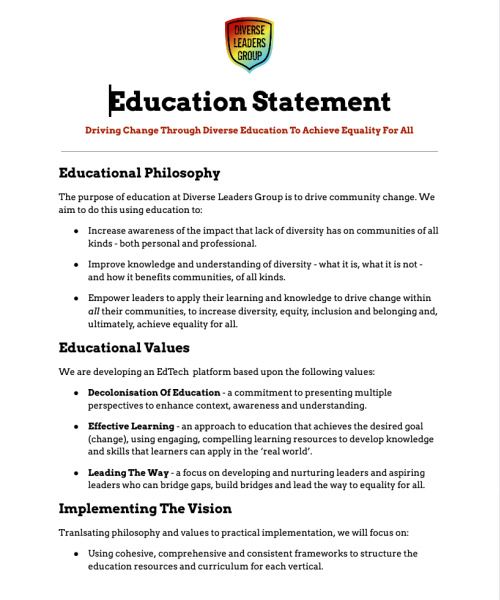 Education Statement at Diverse Leaders Group