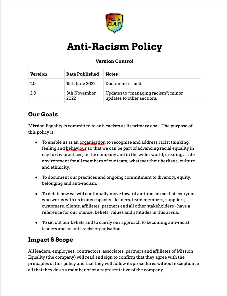Screenshot of the Anti-Racism Policy