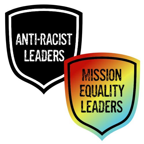 Logos for the Associations: One black shield with the text Anti-Racist Leaders and one rainbow-coloured shield with the text, Mission Equality Leaders.