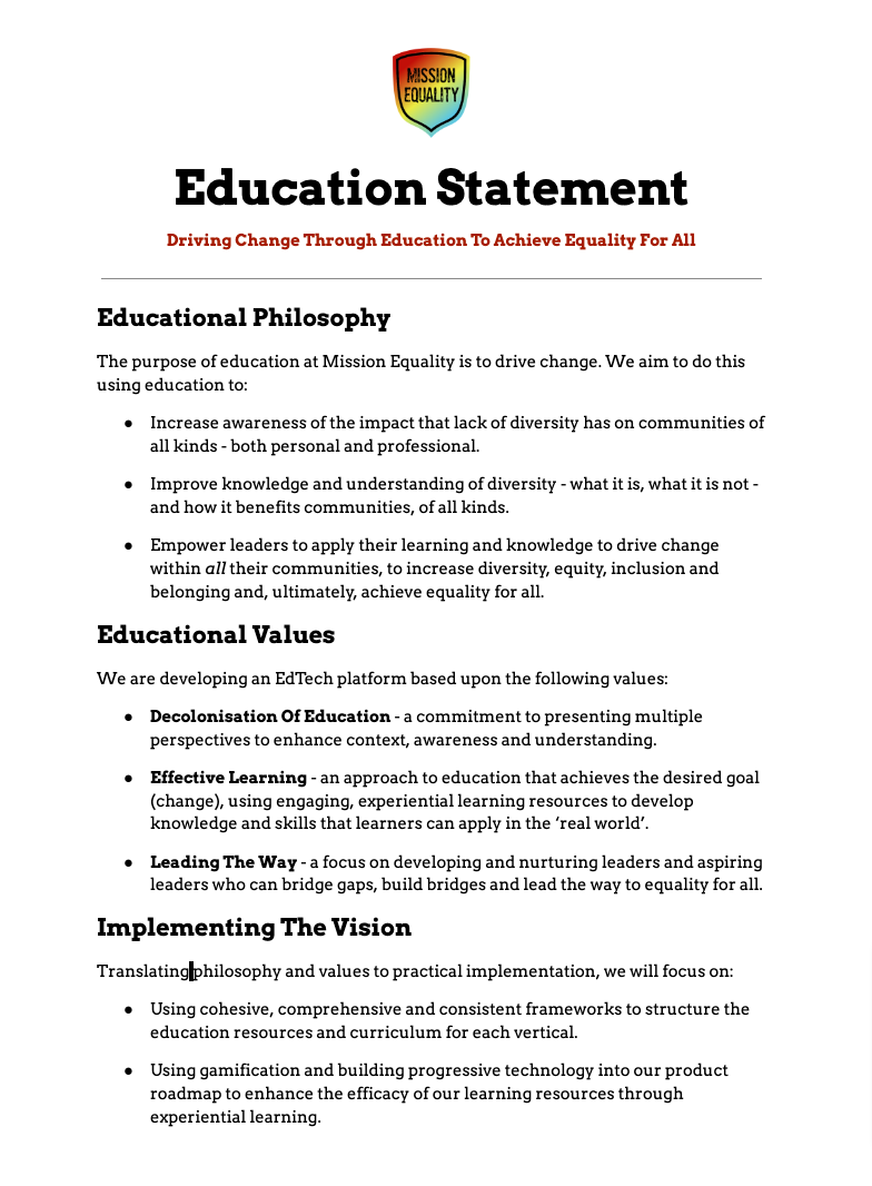 Screenshot of Mission Equality Education Statement