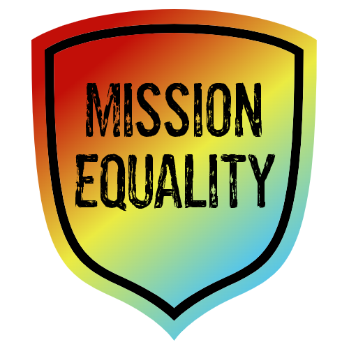 The Equaliversity Logo:A blue shield with white writing and a rainbow infinity symbol underneath.